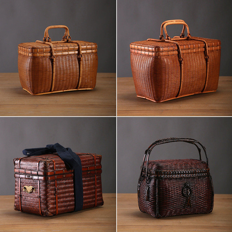 旅行大漆茶箱竹編筐夏夢可攜式茶具收納箱手工精編茶人手提藤箱藤包