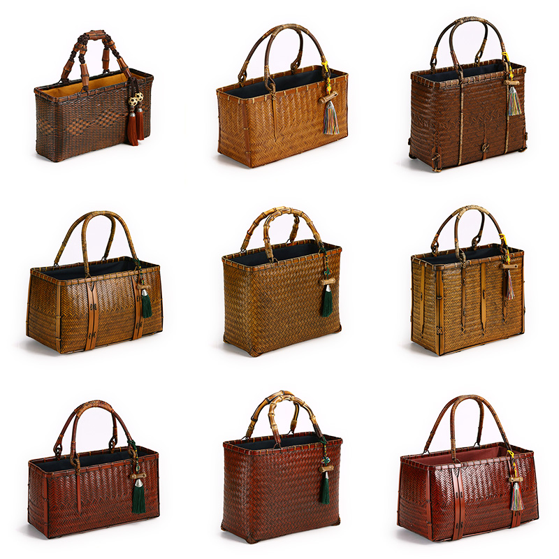 手作りの日本の竹編みバッグハンドバッグ女性用竹バッグ茶道ハンドバッグ長方形禅ポータブル茶器収納バッグ