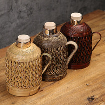 Handmade bamboo woven thermos shell vintage vintage thermos leather tea bottle Thermos kettle teapot boiling water bottle cover set home