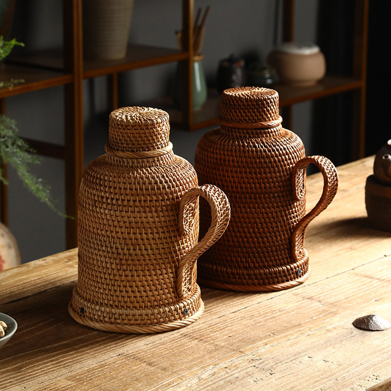 Old fashioned vines Hot water bottle nostalgic bamboo Thermos Kettle Retro insulated open water bottle Minsleeping Home Small glass liner