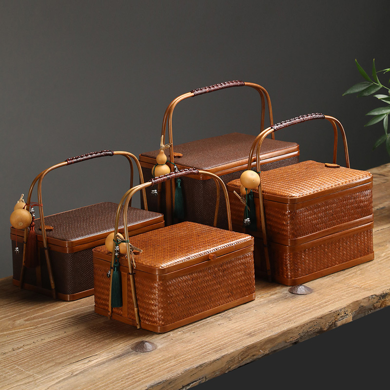 Handmade Bamboo Basket Portable Retro Basket Bamboo Double Food Box Mooncake Gift Box Portable Tea Ceremony Tea Set Storage Box
