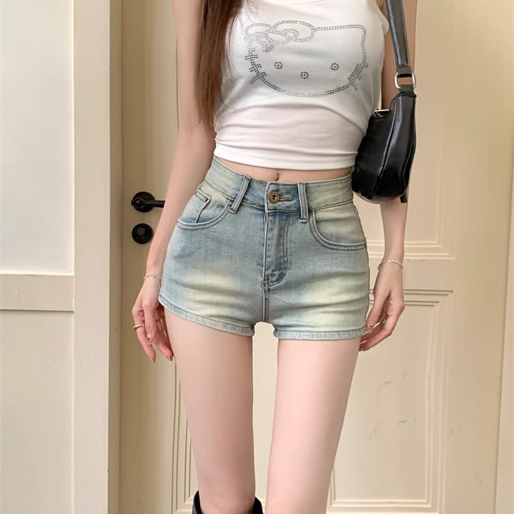Light Blue Denim Ultra-Short Shorts for Women, Summer Retro High-Waisted Casual Straight Pants, Hot Girl Tight-Fitting Hip-Hugging Hot Pants