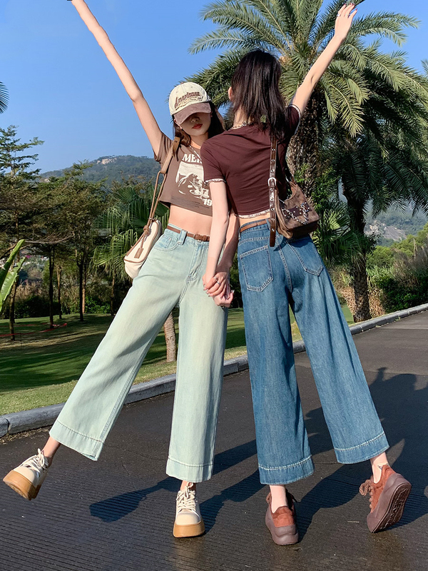 Straight-Leg Jeans for Petite Women, Cropped Length, Summer Thin Style, High-Waisted, Slimming Design, Loose Wide-Leg Granny Pants
