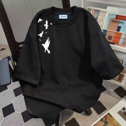 Heavyweight Pure Cotton Korean Style Trendy Brand Bird Print Short-Sleeve T-Shirt for Couples ins Casual Summer Loose Base Shirt for Men