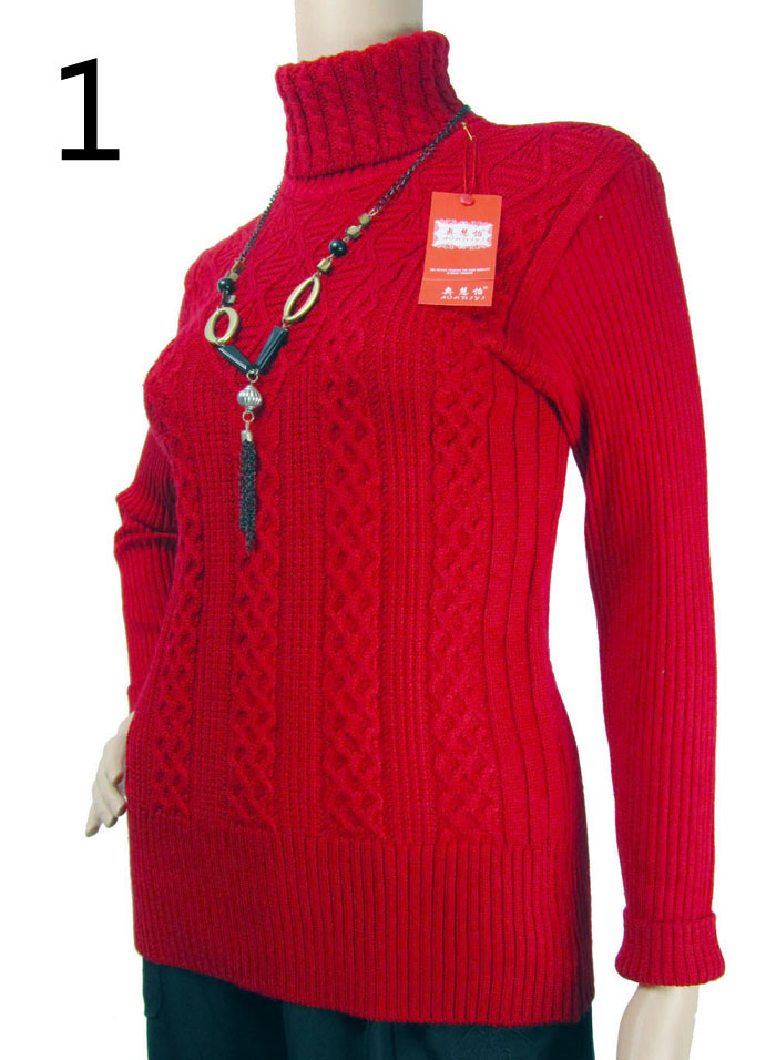 Deficit in clear cabin Mom high collar Bottom Jersey Woman Autumn Winter Thick Middle Aged Knitted Wool Jersey Long Sleeve T-shirt Red