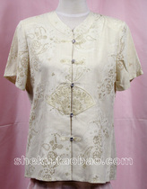 Broken Yard clear cabin Mom cotton linen short sleeve shirt rice yellow mid-aged female summer mother-in-law shirt Grandmother blouse for small size
