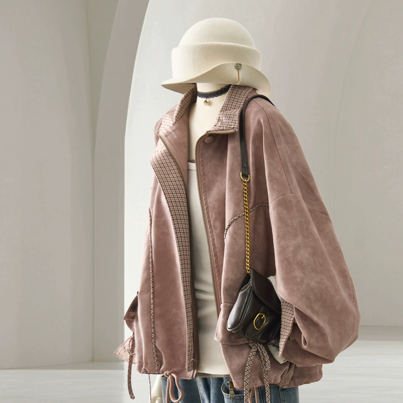 High-End Dirty Pink Pu Leather Short Jacket for Women, New Autumn and Winter Style, Stunningly Beautiful Plaid Design That Hides Imperfections and Makes You Look Slimmer