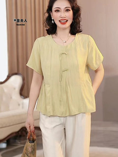 Casual and versatile little mother's clothing summer cotton and linen short-sleeved t-shirt thin solid color loose shirt for middle-aged and elderly people