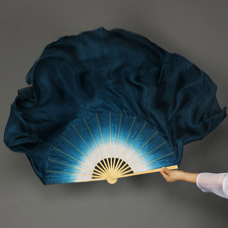 Real Silk Fan Dancing Ink Blue Fan Dancing Double Sided Progressive Stage Performance Props Fan Ink Danqing Fan Book Brief Classical