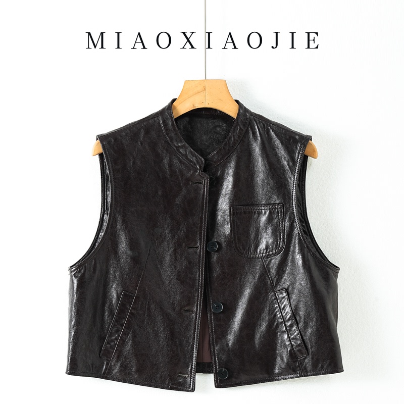 Oil Waxed Sheepskin 2026 Autumn and Winter New Style Stand-Up Collar Genuine Leather Vest for Women, Slimming Leather Vest, Sleeveless Leather Jacket for Outerwear and Layering Oil Waxed Sheepskin 2026 Autumn and Winter New Style Stand-Up Collar Genuine Leather Vest for Women, Slimming Leather Vest, Sleeveless Leather Jacket for Outerwear and Layering