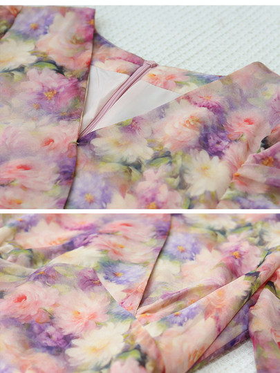 法式V领碎花连衣裙女夏季新款茶歇泡泡袖收腰中长款a字显瘦雪纺裙