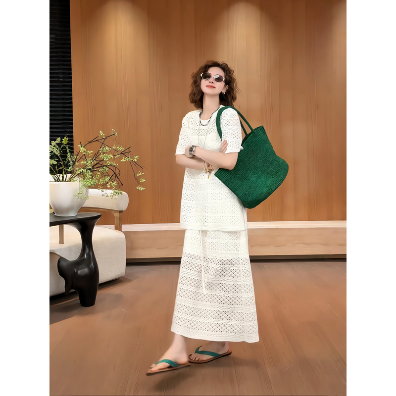 Yueyue Does Not Eat Fish【Baiyunzhi】Summer Hollow-Out Knitted Short-Sleeve Split Skirt Two-Piece Set D3739 Yueyue Does Not Eat Fish【Baiyunzhi】Summer Hollow-Out Knitted Short-Sleeve Split Skirt Two-Piece Set D3739