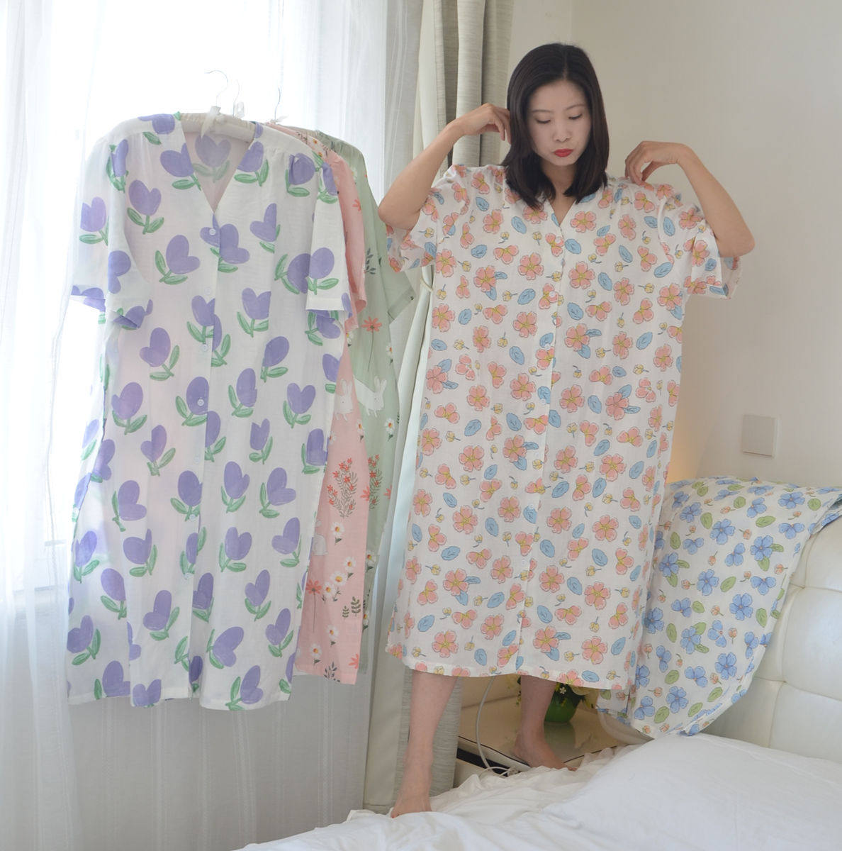200 catty flowers V neckline cardiovert pregnant woman sleeping skirt woman summer short sleeve long version pure cotton yarn cloth large size size fat MM pyjamas