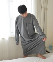 200 catty plus fertilizer for overweight mens sleeping skirts for spring and autumn long sleeves lengthened knitted pure cotton Home Sleeping Clothes Pajamas