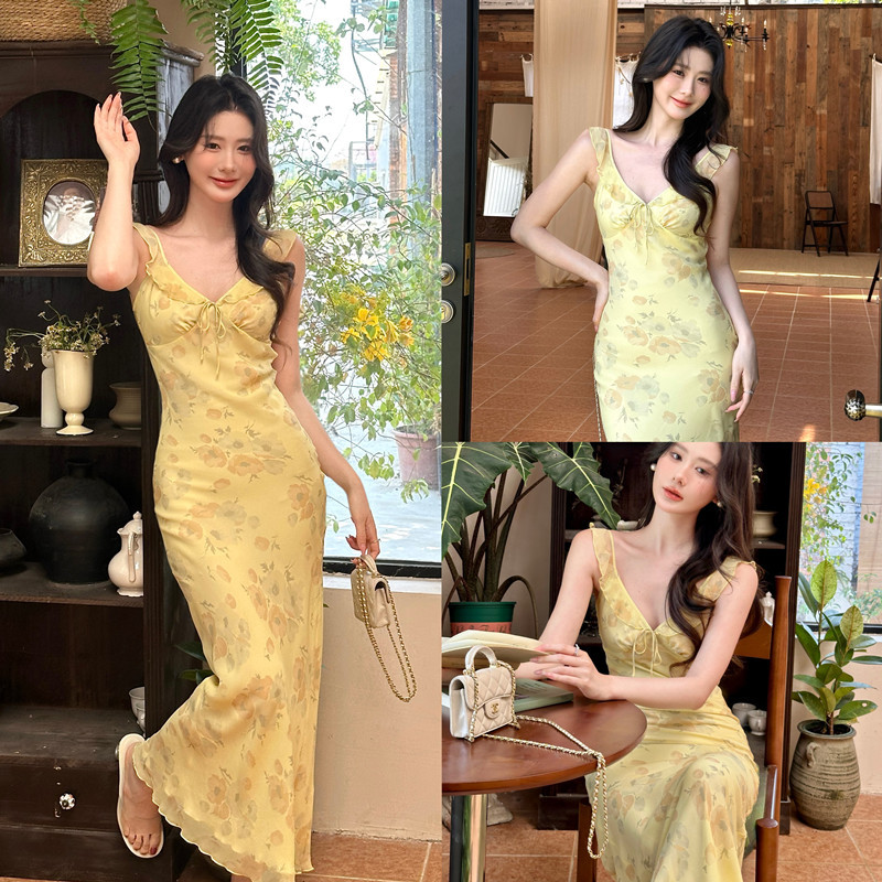 Rp Chick Yellow Goose Yellow Complexion-Enhancing French Ruffle Long Dress Women's Slim-Fit Bias-Cut Floral Dress Vacation Dress