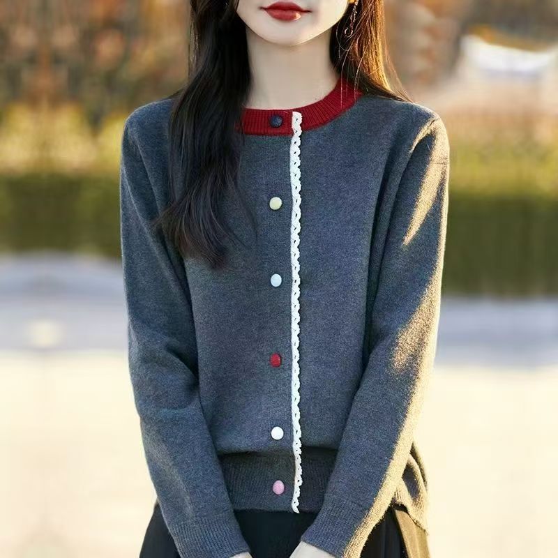 Round Neck Color-Blocked Buttoned Knitted Cardigan for Women, New Autumn and Winter Style, Loose Fashion Lace Sweater Coat, Age-Reducing Top