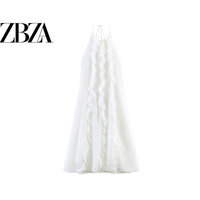 ZR European and American style foreign trade ZA women's clothing French style simple and sexy backless chiffon ruffle halter neck dress