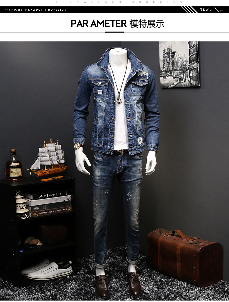Hồng Kông phong cách nam giới áo khoác denim thêu thư áo khoác Slim retro mùa thu và mùa đông thanh niên ve áo sơ mi dài tay nam áo khoác nam