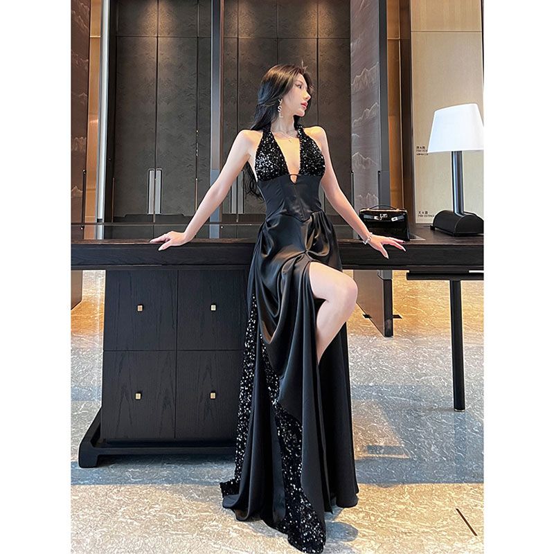 Sexy Black Sequined Dress with Heavy Embellishments, V-Neck Halter Neck, Slit, Elegant Gown for Women