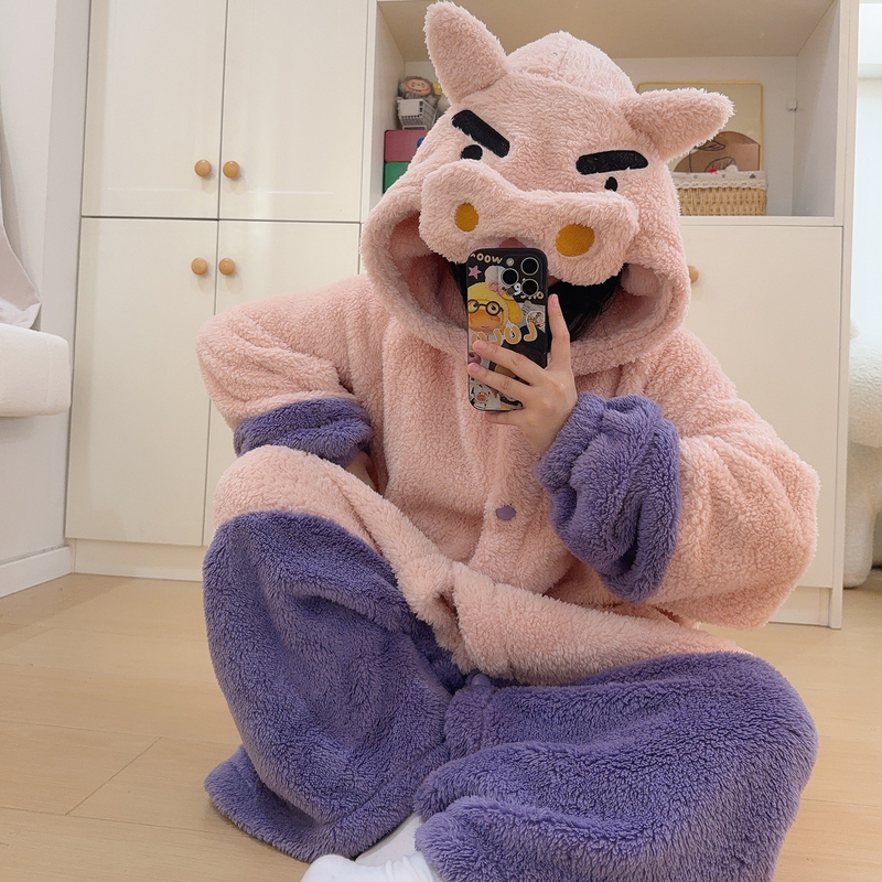 Cute Chubby Jibaku Shounen Plush Pajamas for Women, Autumn and Winter Coral Fleece Sleepwear, Thickened Fleece Onesie Loungewear