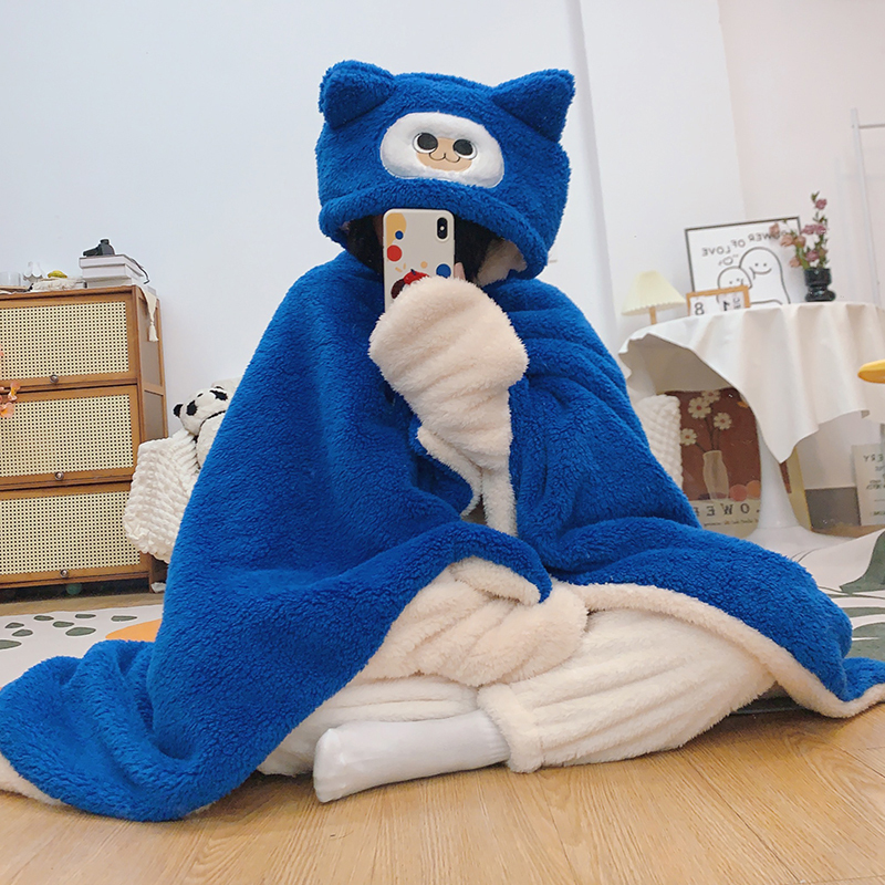 Cute Ella Cat Silly Cat Shawl Cloak Coral Velvet Thickeneded Plush Nightgown Cloak Autumn and Winter Home Wear Set