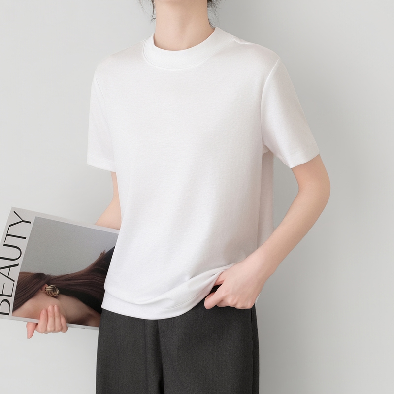 Casual White 80-Count Air Cotton Stand-Up Collar Short-Sleeved T-Shirt for Women, Loose-Fitting, Suitable for Work, Half-Sleeve Base Shirt, Thin Top