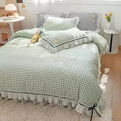 ins Korean princess style pure cotton four-piece bed sheet with flower skirt girl cotton quilt cover solid color simple spring and summer 4