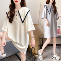 Pregnant woman dress summer top 2022 new doll collar short sleeve long t-shirt skirt summer leisure skirt