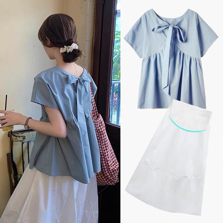 Maternity wear 2022 net red suit summer top foreign style doll shirt temperament short-sleeved shirt dress two-piece set