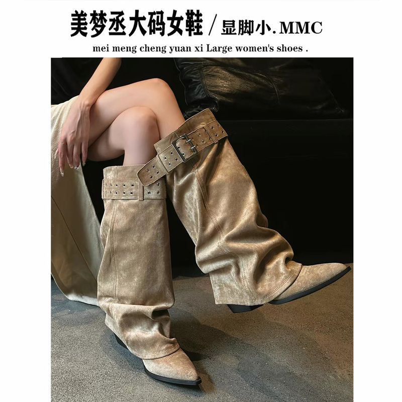 Retro Pointed-Toe Chunky Heel Boot with Belt Buckle, Khaki Knee-High Boots, Wide Shaft Slouch Boots, High-Heeled Western Boots Retro Pointed-Toe Chunky Heel Boot with Belt Buckle, Khaki Knee-High Boots, Wide Shaft Slouch Boots, High-Heeled Western Boots