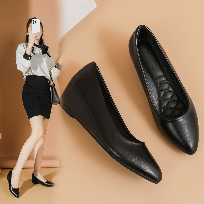 Spring Pointed-Toe Flat Shoes with Hidden Wedge Heel, Height-Increasing Women's Shoes, Thick-Soled Professional Work Shoes, Black Office Work Leather Shoes