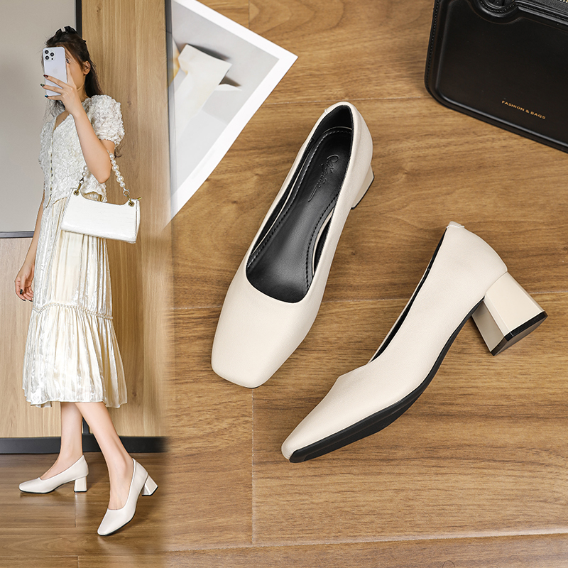 Square-Toe Women's Shoes 2026 Spring and Autumn White High Heels Chunky Heel Professional Commuting Soft Sole Comfortable Work Shoes