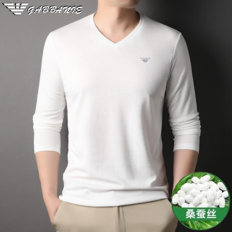 Authentic Italian Mulberry Silk Men's V-Neck Solid Color Long-Sleeve T-Shirt Korean Style Ice Silk Sweetheart Collar Men's Base Shirt