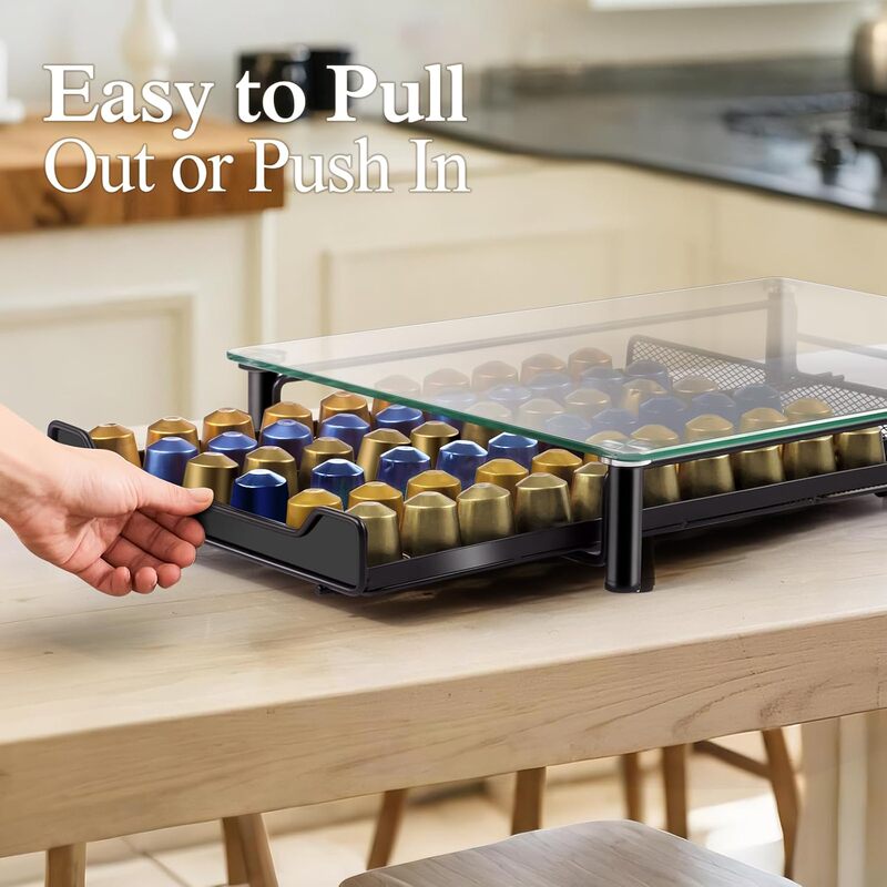 60 Nespresso Coffee Capsule Storage Box Display Rack, Thickened Glass Drawer Type, Single Compartment Storage