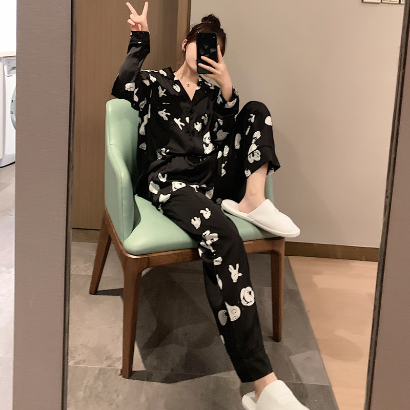 Japanese gp pajamas women's long-sleeved printed Mickey cartoon spring and autumn home clothes ice silk lapel girl suit