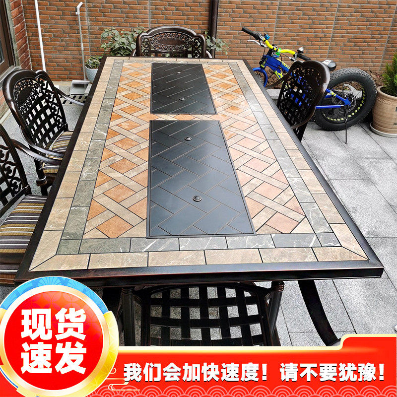 Outdoor barbecue table cast aluminum courtyard garden sun table wood charcoal grill household outdoor table and chair smokeless electric grill dual-use long table