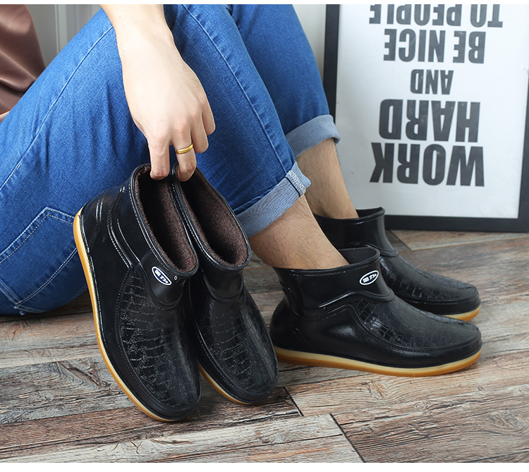 Kéo lại ủng đi mưa giúp nam thấp cộng với nhung ấm bằng vải nhung ống ngắn đi mưa ống mềm chống nước giầy chống nước giày chống trượt dép nhựa đi mưa