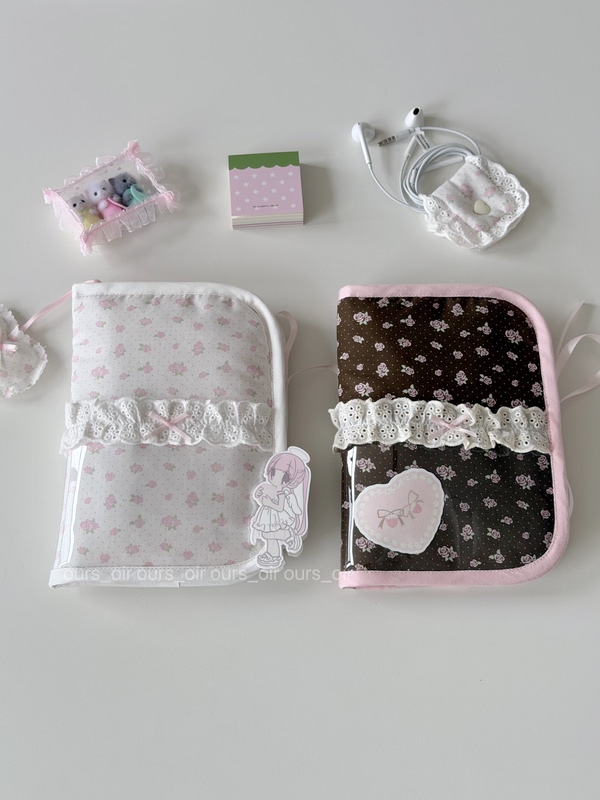 Ours_Oir|Small Rose Lace Polka Dot Vintage-Style Handmade Multi-Compartment Planner Bag with Drawstring Ours_Oir|Small Rose Lace Polka Dot Vintage-Style Handmade Multi-Compartment Planner Bag with Drawstring