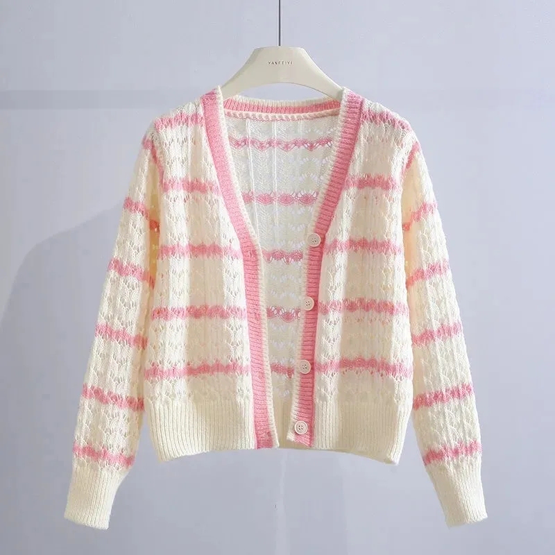Tweed Style V Neck Cut Out Knitted Cardigan for Women 2025 Spring & Fall New K-Style Loose Outer Wear Stripesd Sweater Jacket