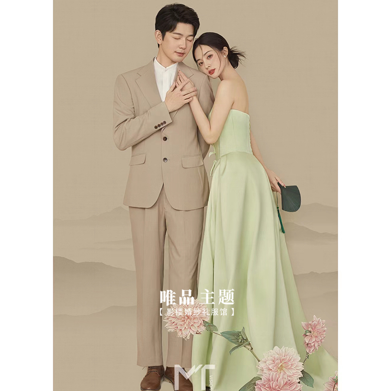 New Studio-Themed Clothing for Couples, Strapless, Fresh and Artistic, Green Princess Indoor Photo Shoot Photography Wedding Dress