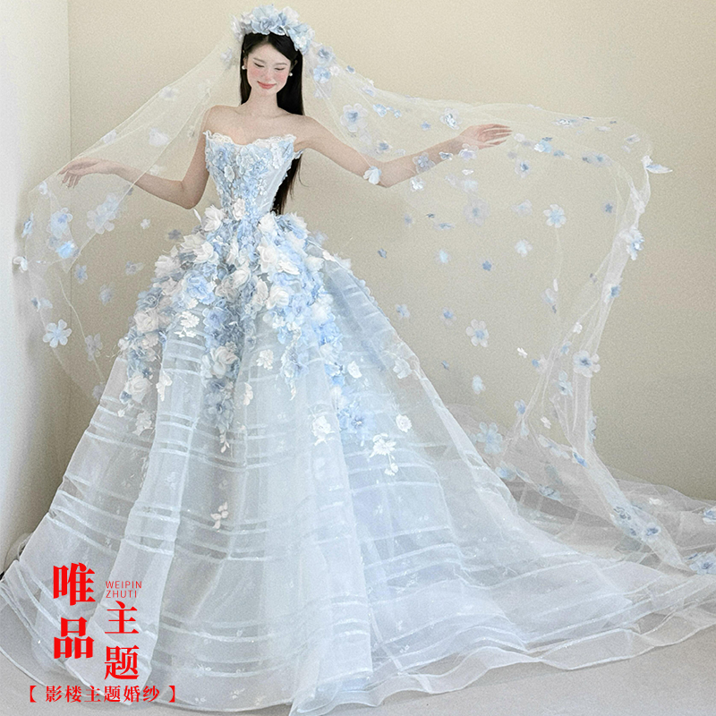 New Studio-Themed Clothing with a High-End Feel, Blue Three-Dimensional Floral Trailing Wedding Dress for Outdoor Travel Photography, Couple Photography Outfit New Studio-Themed Clothing with a High-End Feel, Blue Three-Dimensional Floral Trailing Wedding Dress for Outdoor Travel Photography, Couple Photography Outfit