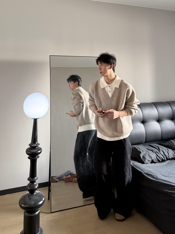 Alcf Original 14-Piece Floral Velvet 1000g Heavyweight Faux Two-Piece Polo Collar Color-Blocking Lazy Warm Knit Sweater