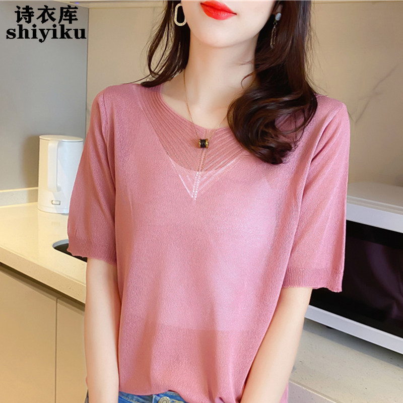 T-shirt women's short-sleeved ice silk top 2022 spring and summer new hollow knitted sweater loose summer blouse sunscreen shirt tide