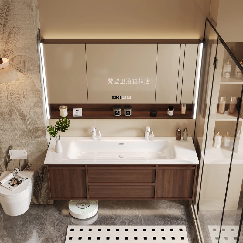 Ceramic Integrated Large Single Basin Double Faucet Solid Wood Bathroom Cabinet Set Washbasin Smart Mirror Cabinet Ceramic Integrated Large Single Basin Double Faucet Solid Wood Bathroom Cabinet Set Washbasin Smart Mirror Cabinet