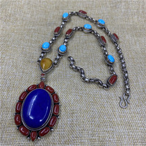 Nepal Exotic style pure handmade design pendant retro 925 silver inlaid with natural pine stone integrated necklace