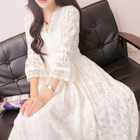Elegant Fairy-Like Lace V-Neck Dress, Plus Size, Bell Sleeves, Waist-Cinching, Slimming Long Dress, Vacation Beach Dress