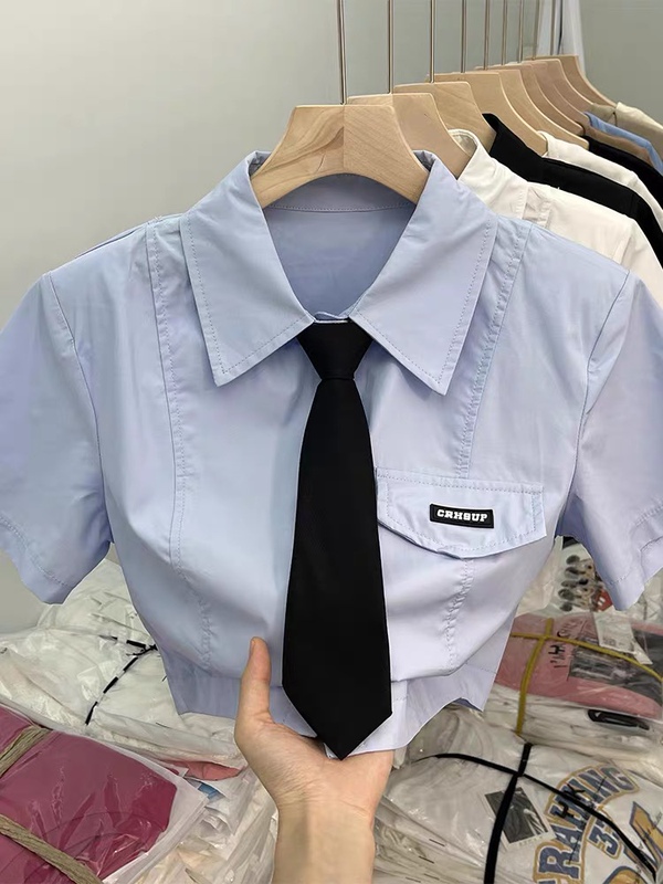 American-Style High-Waisted White Short Top for Women, Summer Design, Niche Hot Girl Style, Lapel Tie, Short-Sleeved Puning Shirt
