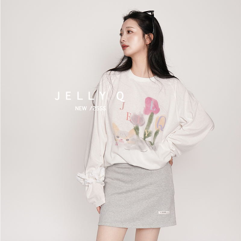 Jelly Q's Cat-Themed Original Fun Illustration Milky White Textured Long-Sleeve Printed Sun Protection Loose T-Shirt