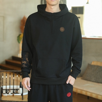 Autumn mens sweater ins Chinese style embroidered crane Harajuku hooded pullover sweater mens trend coat plus size
