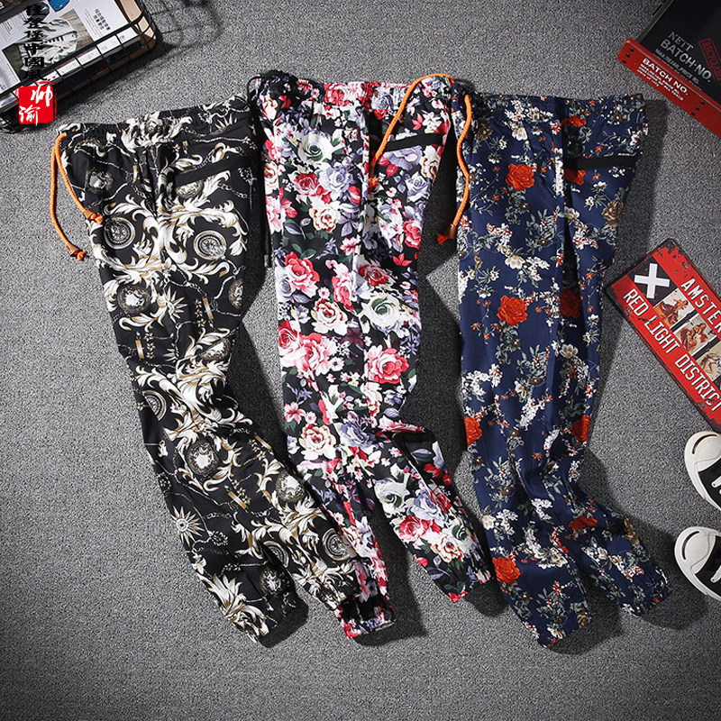 2022 autumn new rose flower large size harem pants trend casual pants fat man fat man printed trousers men